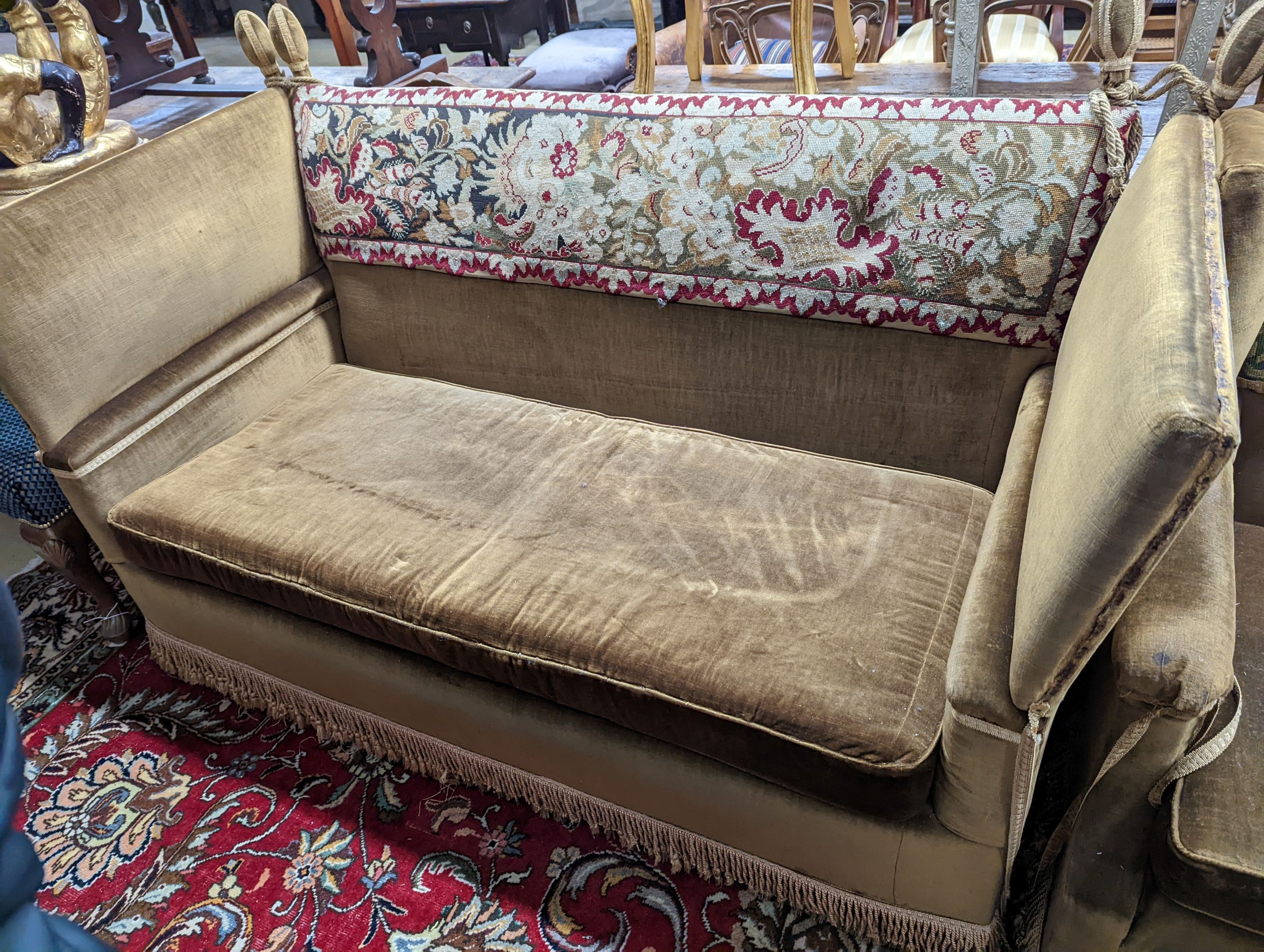 An early 20th century 3 piece Knole suite. Sofa- W-170cm, D-82cm, H-90cm.